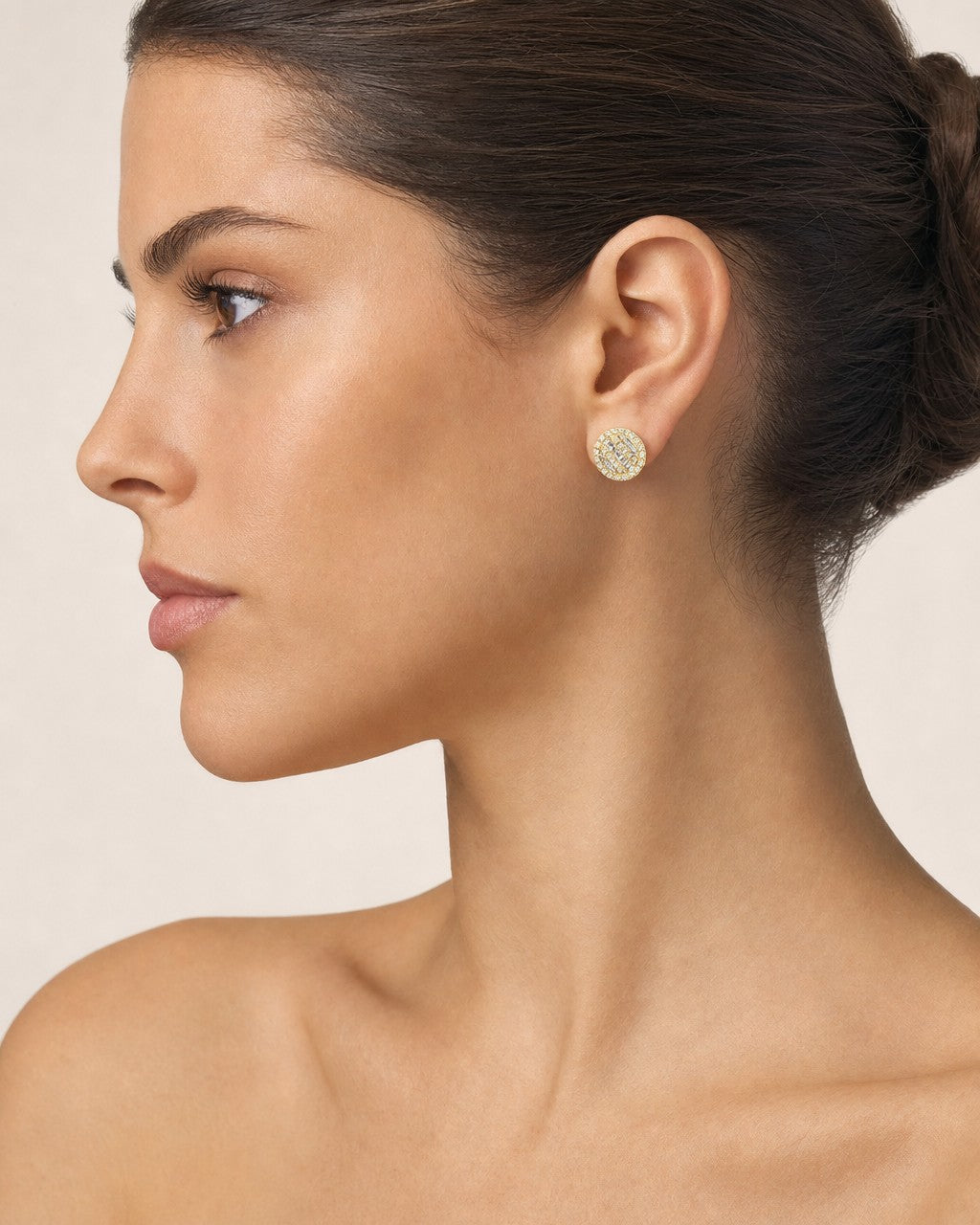 Female model wearing 14K 8.3MM Circle Diamond Baguette Earrings