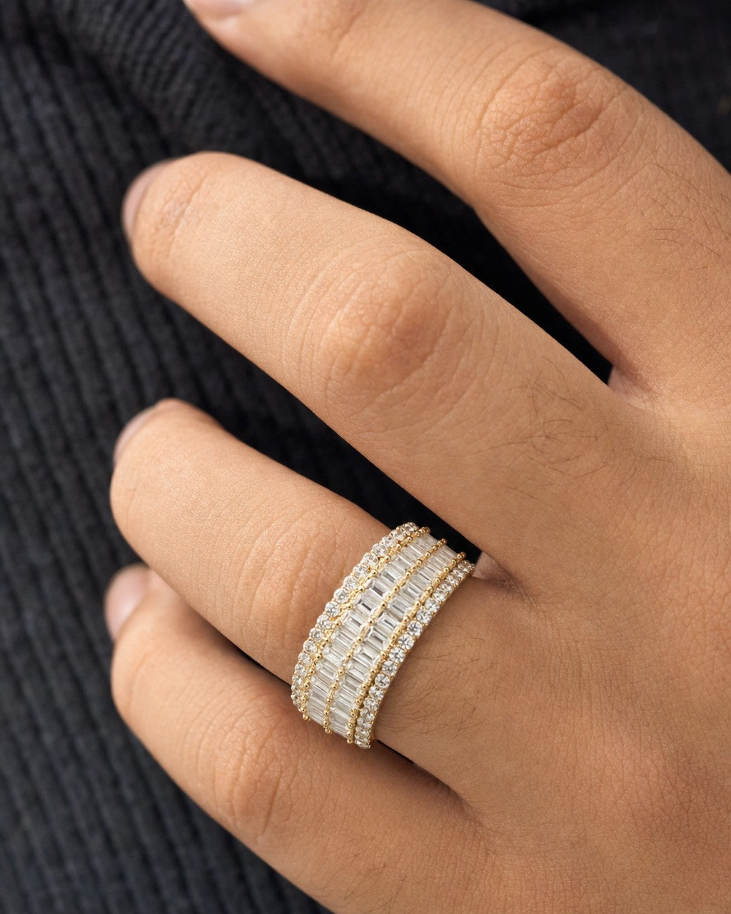 Male model wearing 14K 8.2MM Diamond Baguette Ring Band