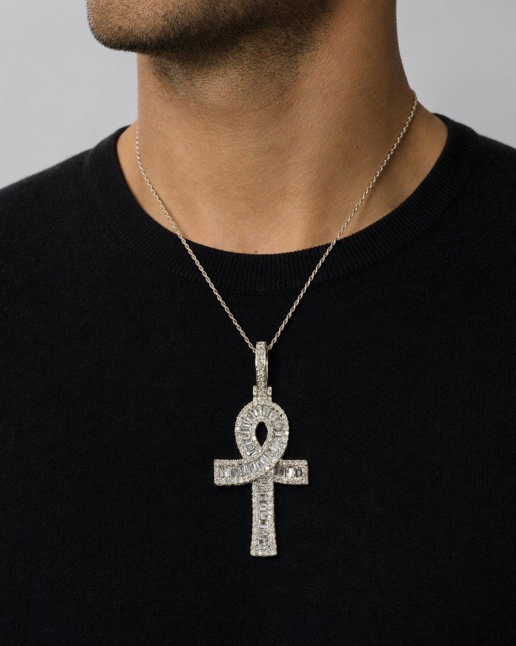 Male model wearing 14K Ankh Diamond Baguette Pendant