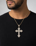 Male model wearing 14K Saviour Cross Diamond Pendant