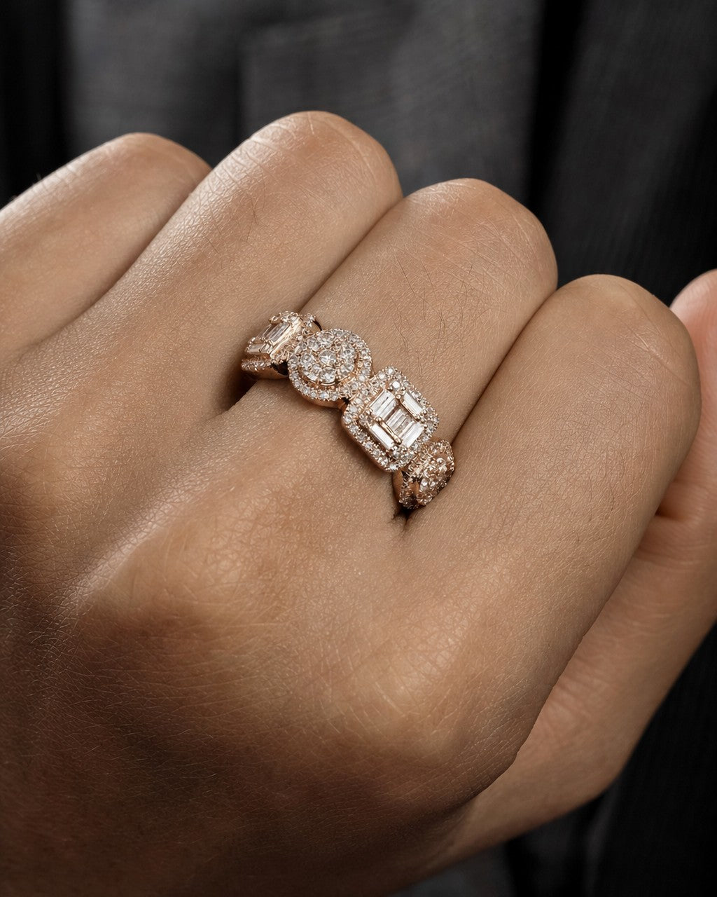 Male model wearing 14K Circle Square Diamond Baguette Ring