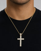 Male model wearing 10K Modern Cross Diamond Pendant