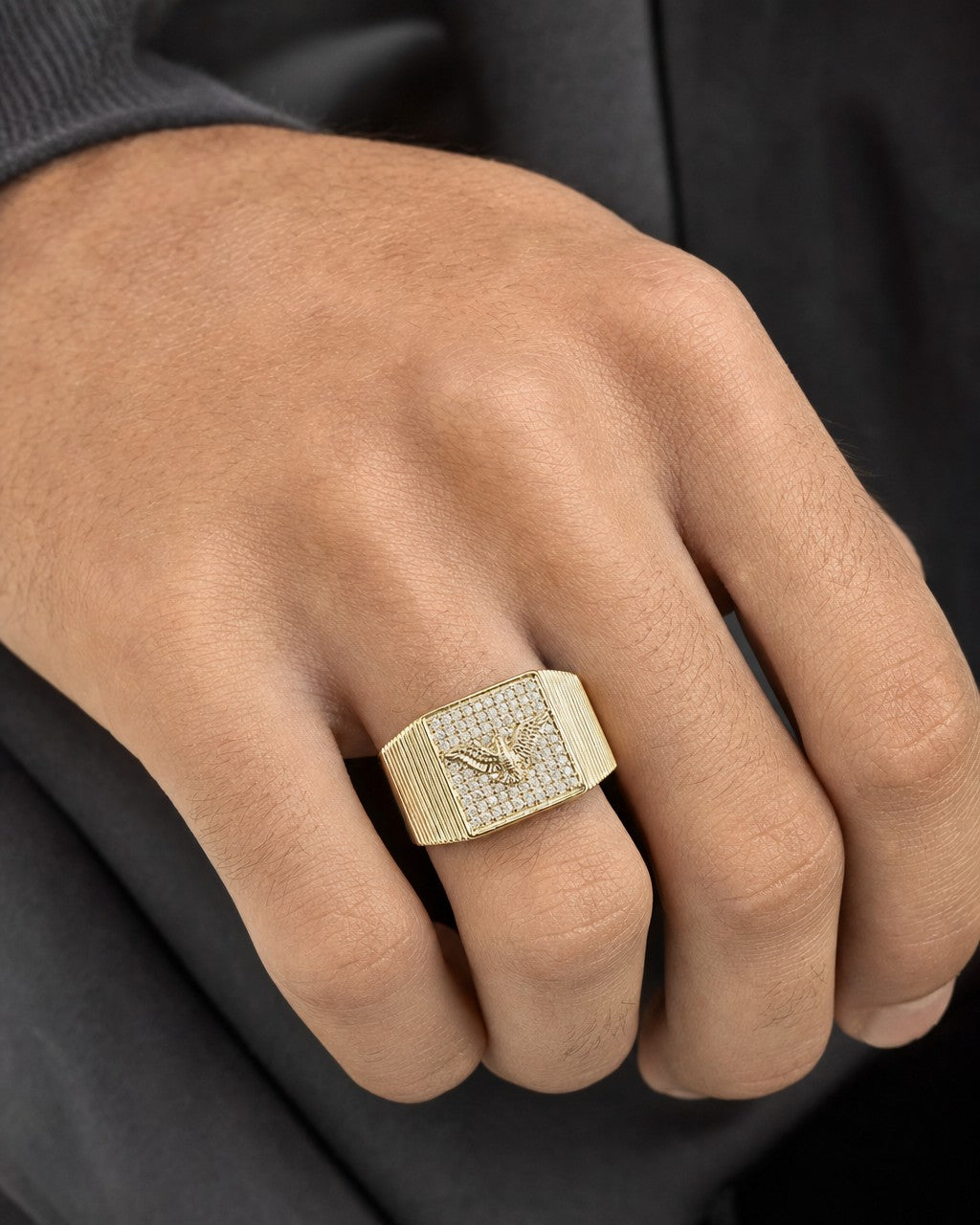 Male model wearing 10K Freedom Eagle Bird Diamond Ring
