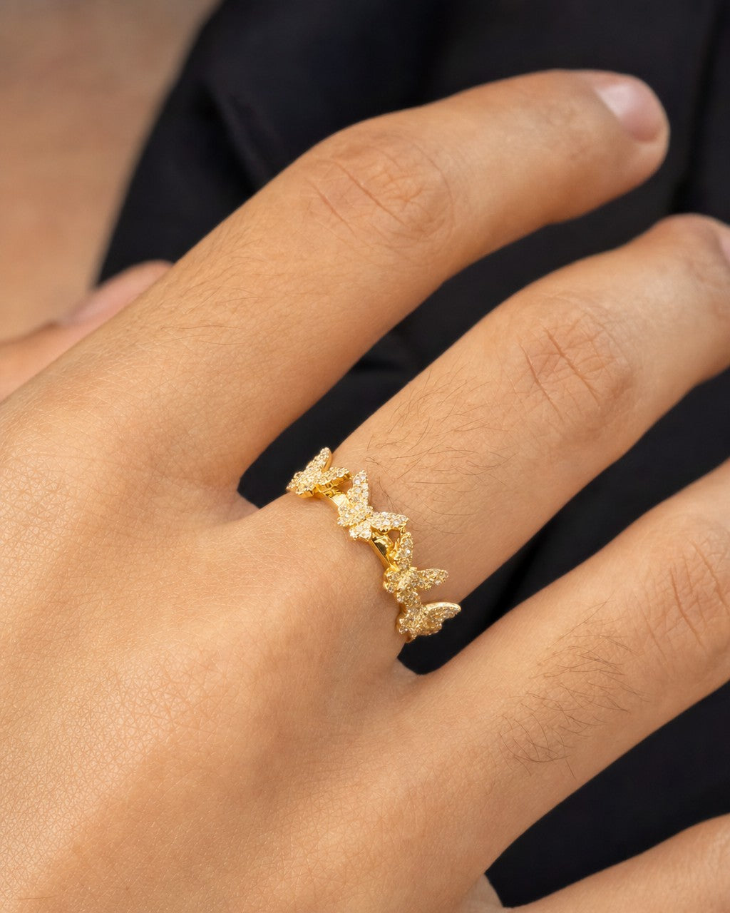 Male model wearing 14K Hashira Butterfly Diamond Ring