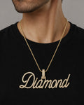 Male model wearing 10K Custom Diamond Name Plate Pendant