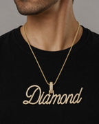 Male model wearing 10K Custom Diamond Name Plate Pendant