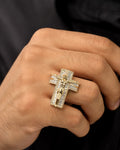 Male model wearing 10K Crucify Cross Diamond Baguette Ring