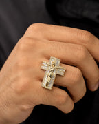 Male model wearing 10K Crucify Cross Diamond Baguette Ring