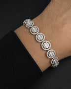 Male model wearing 10K Halo Diamond Baguette Tennis Bracelet 8"
