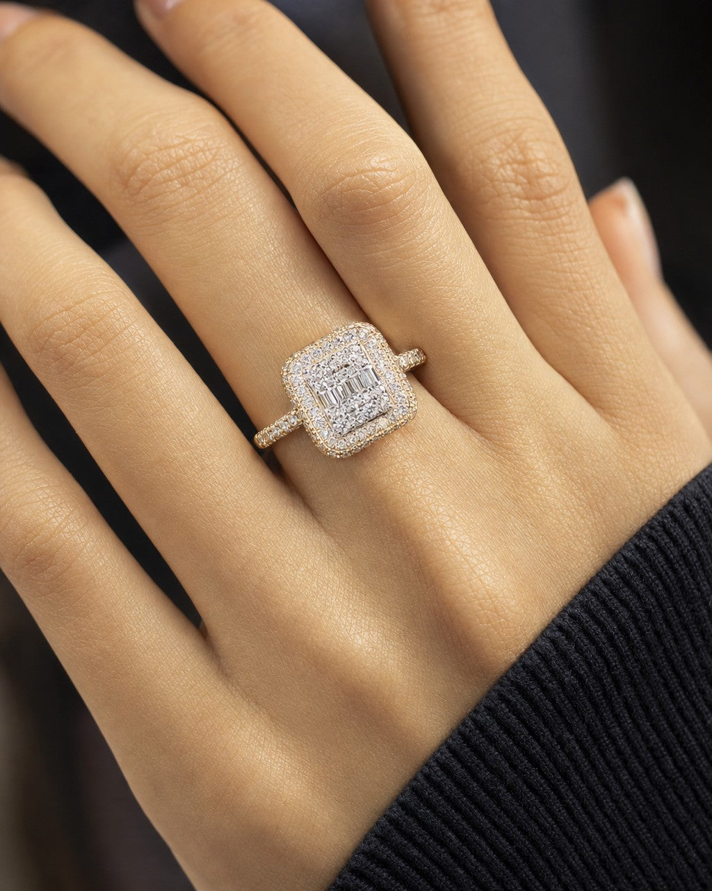 Female model wearing 14K Solána Square Diamond Engagement Ring