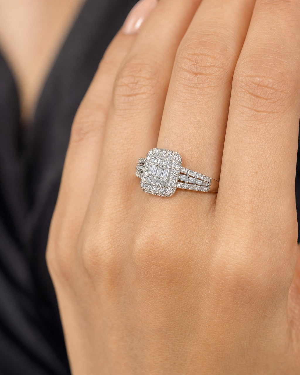 Female model wearing 14K Athena Rectangle Diamond Engagement Ring