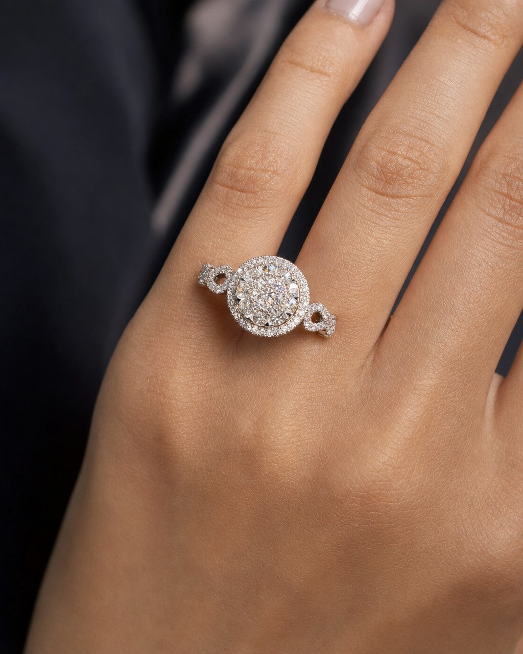 Female model wearing 14K Endless Love Circle Diamond Engagement Ring