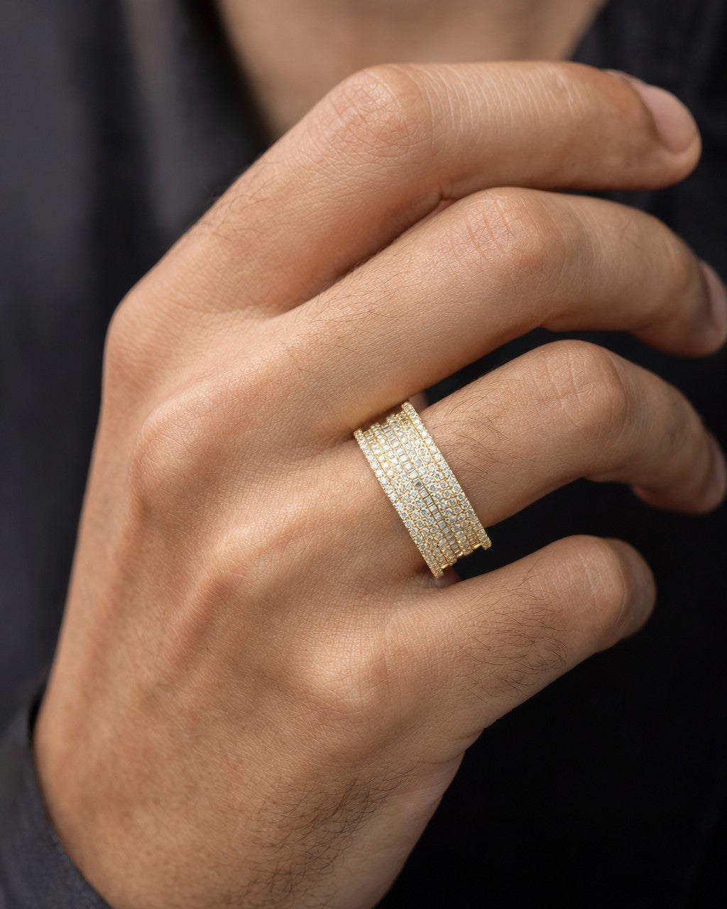 Male model wearing 14K Courage Diamond Baguette Stack Ring