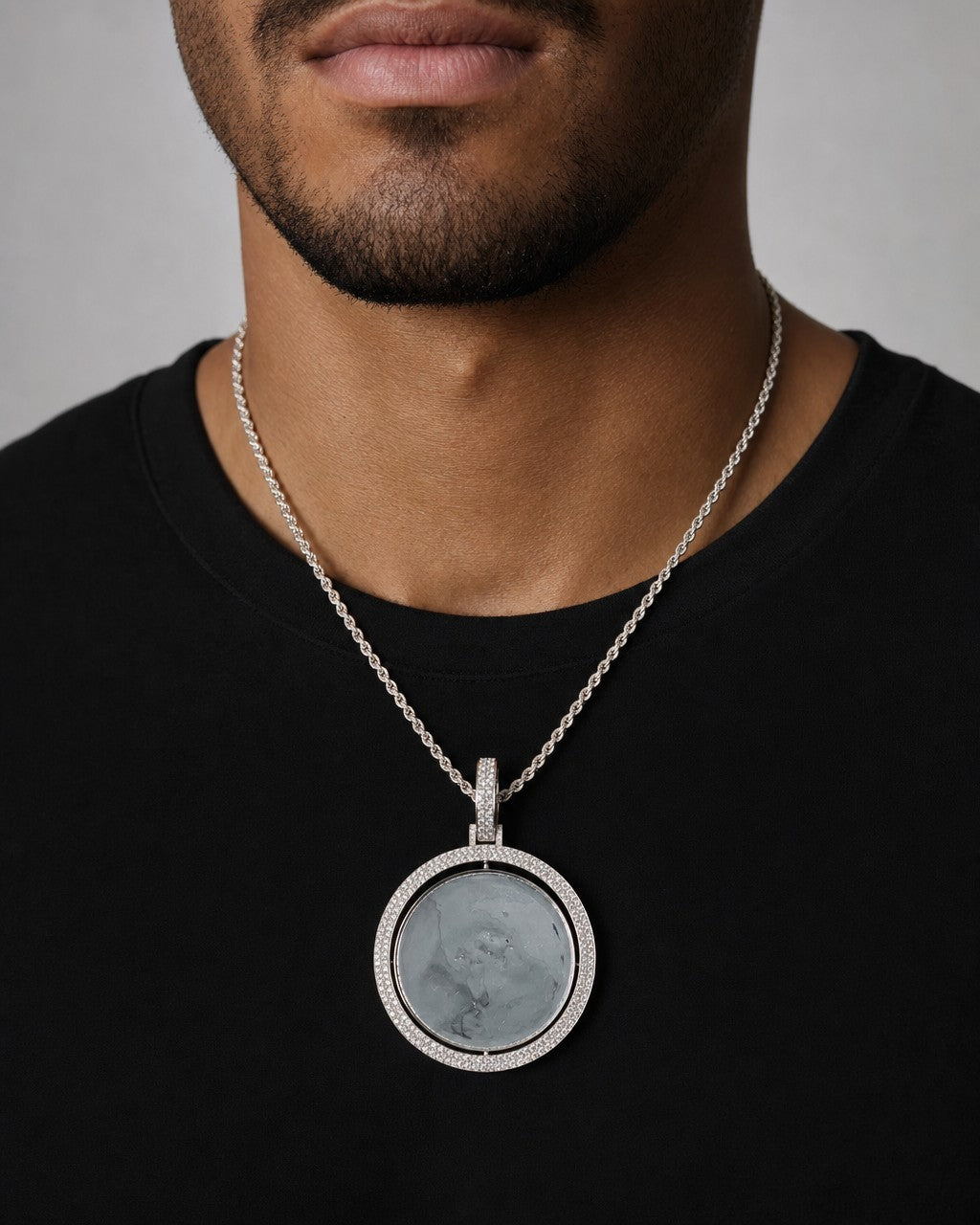Male model wearing 10K Double-Sided Diamond Picture Photo Pendant
