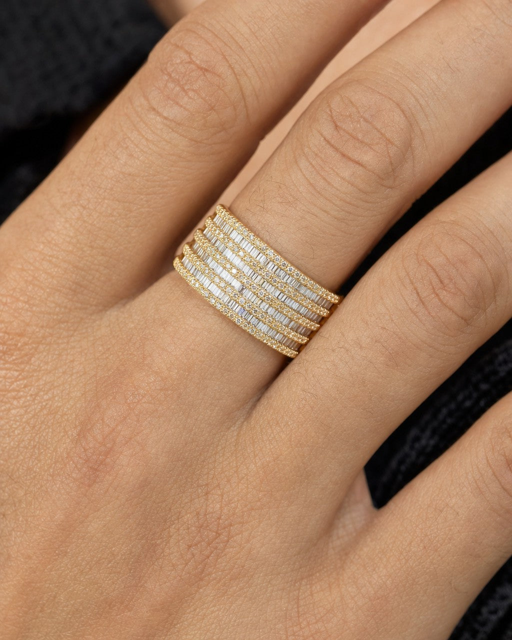 Male model wearing 10K 10MM Stacked Diamond Baguette Ring