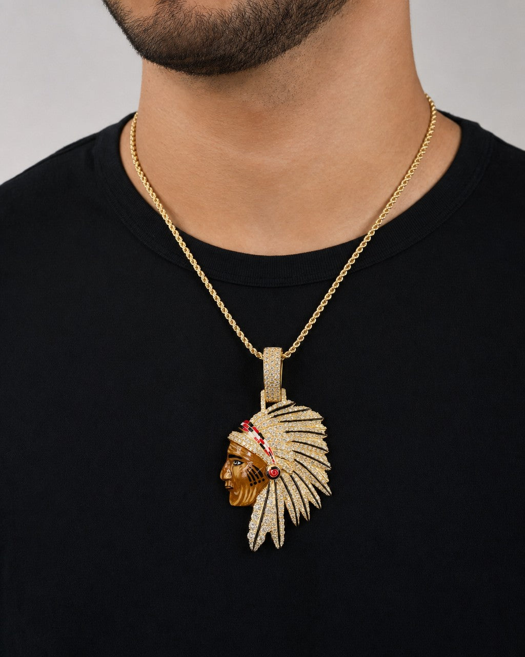 Male model wearing 14K Indian Head Diamond Pendant