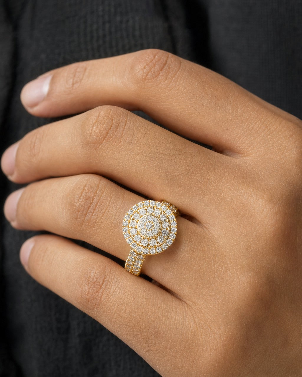 Male model wearing 14K 14M Cake Diamond Ring