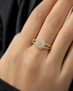 Female model wearing 14K Double Halo Circle Diamond Engagement Ring