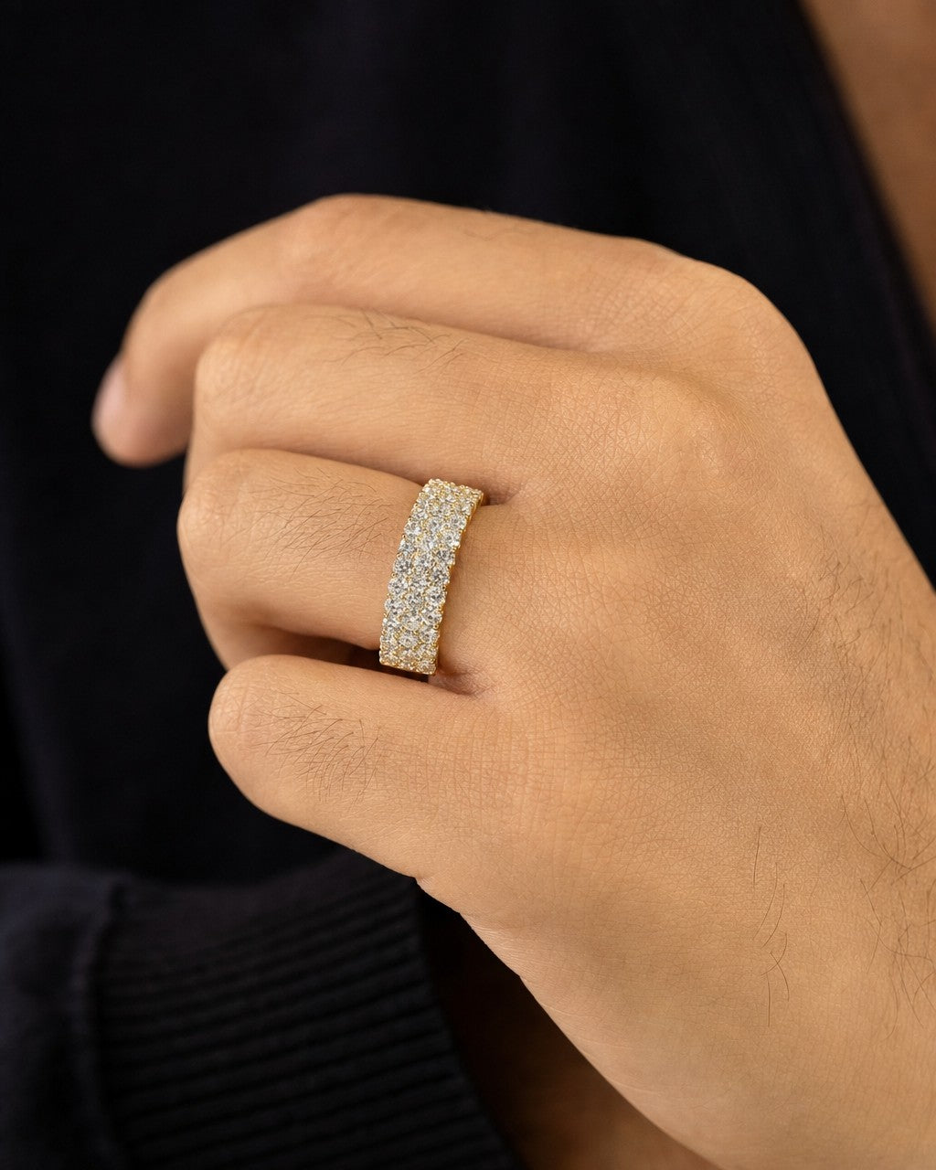 Male model wearing 14K Stacked Pave Infinity Diamond Ring Band