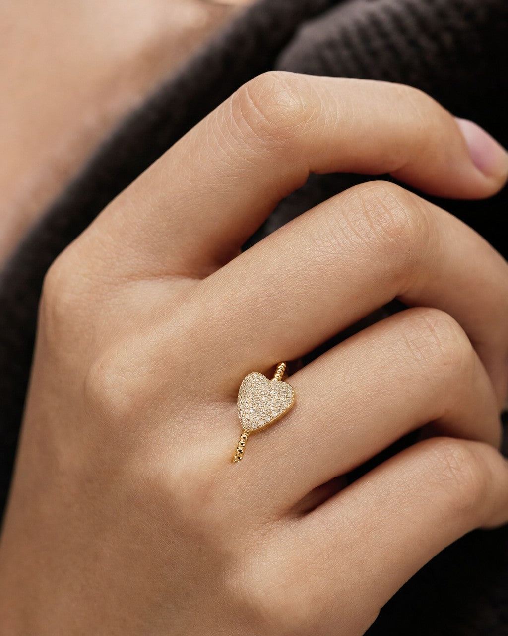 Female model wearing 14K Pave Heart Diamond Engagement Ring