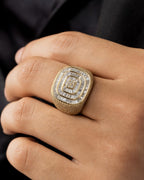 Male model wearing 14K Jumbo Square Baguette Diamond Ring