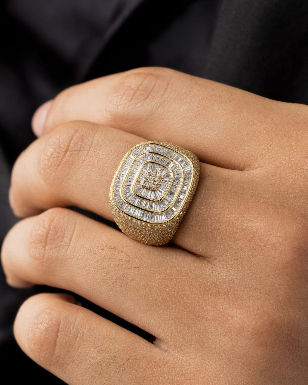 Male model wearing 14K Jumbo Square Baguette Diamond Ring