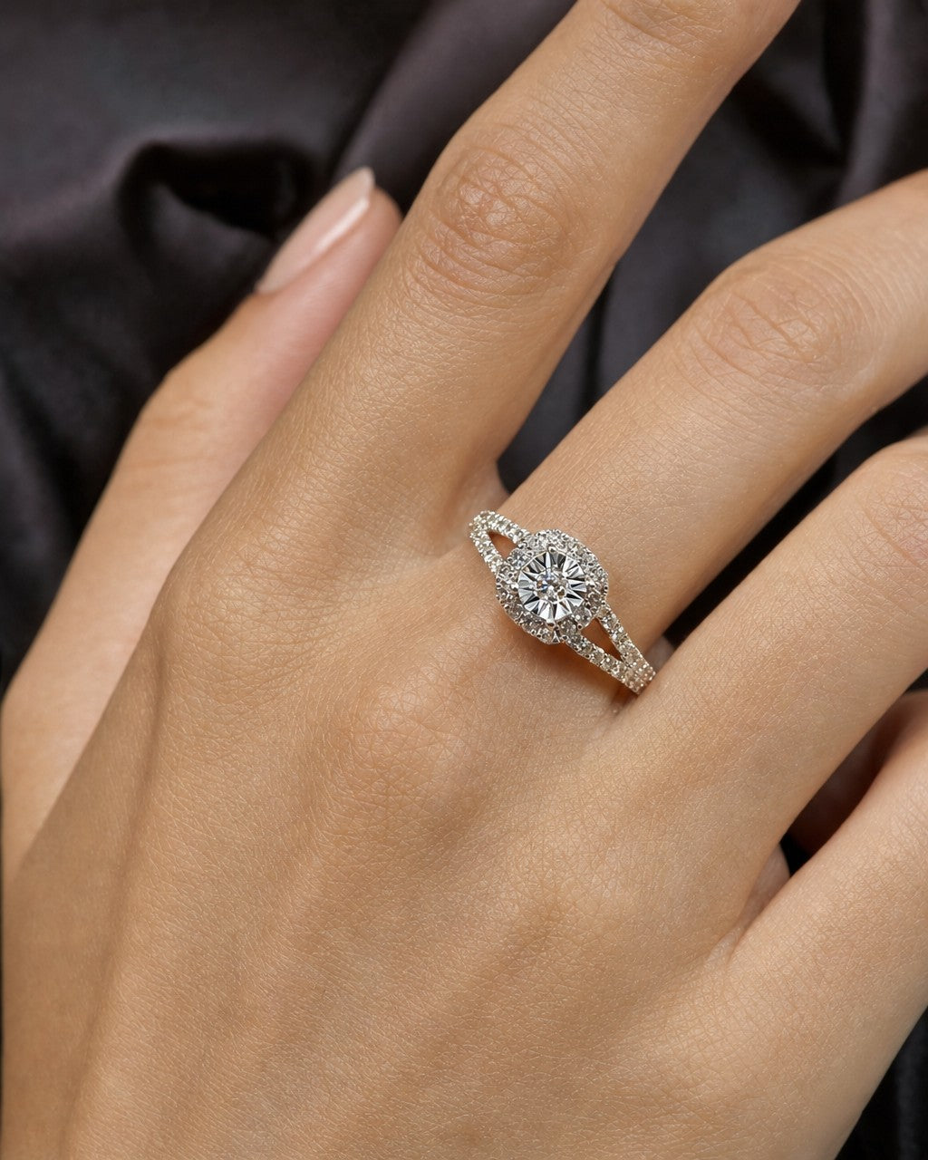 Female model wearing 14K Sunburst Diamond Engagement Ring