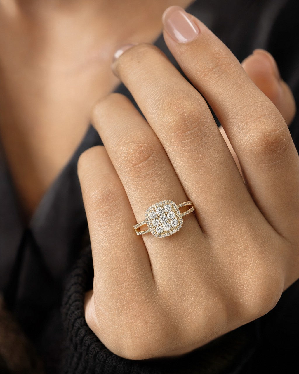 Female model wearing 14K Jennie Square Diamond Engagement Ring