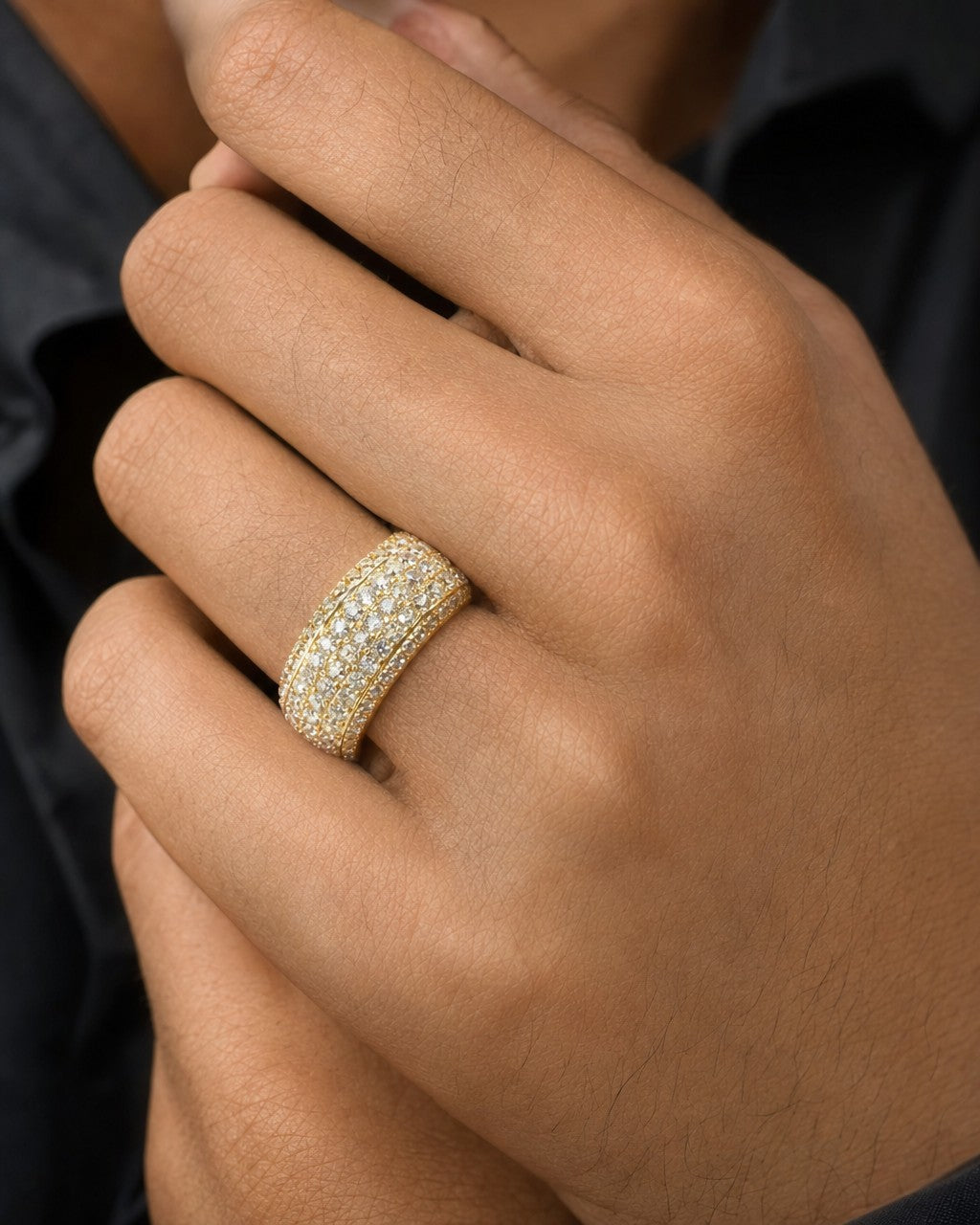 Male model wearing 14K 7.4MM Iced Stack Diamond Ring Band