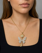 Female model wearing 14K Monarchy Butterfly Diamond Pendant