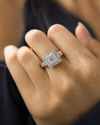 Female model wearing 10K Square Halo Diamond Engagement Ring