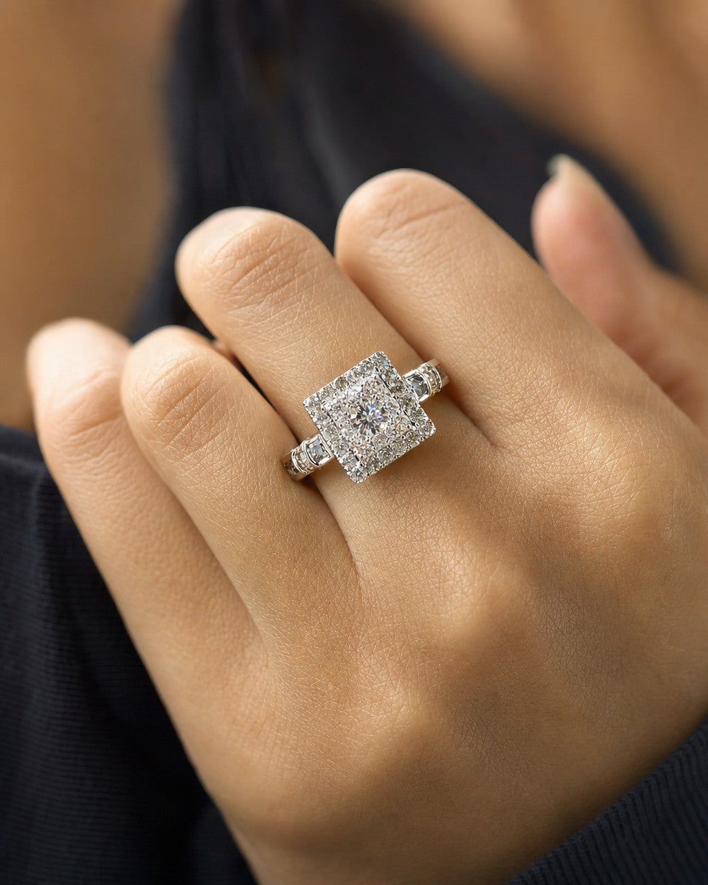 Female model wearing 10K Square Halo Diamond Engagement Ring