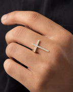 Male model wearing 14K Pavé Cross Diamond Ring