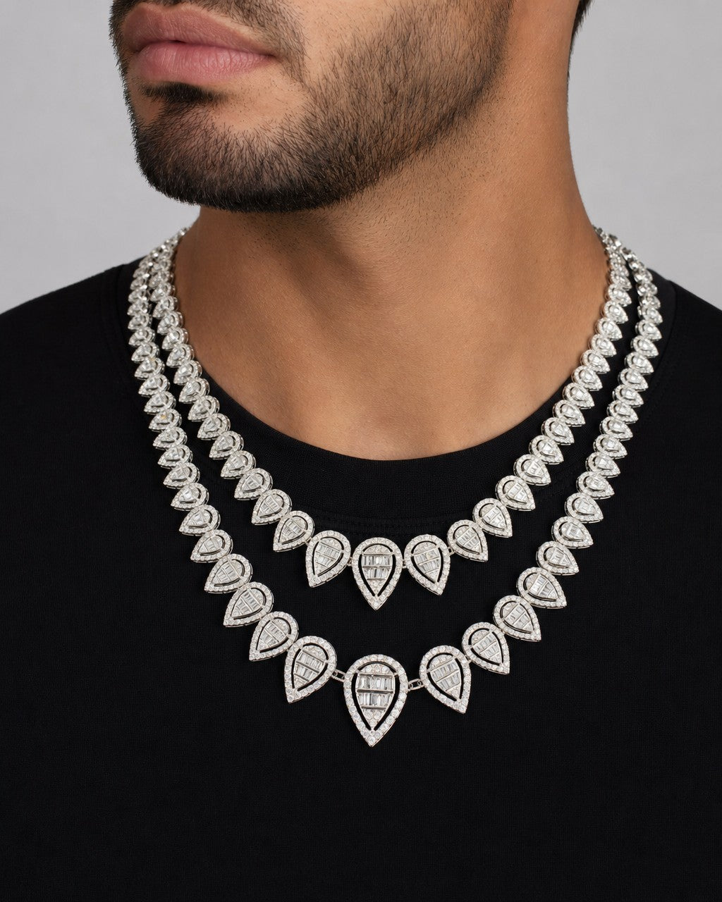 Male model wearing 14K Pear Tennis Chain Diamond Necklace