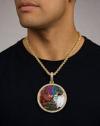 Male model wearing 14K Salvation Jesus Diamond Circle Pendant