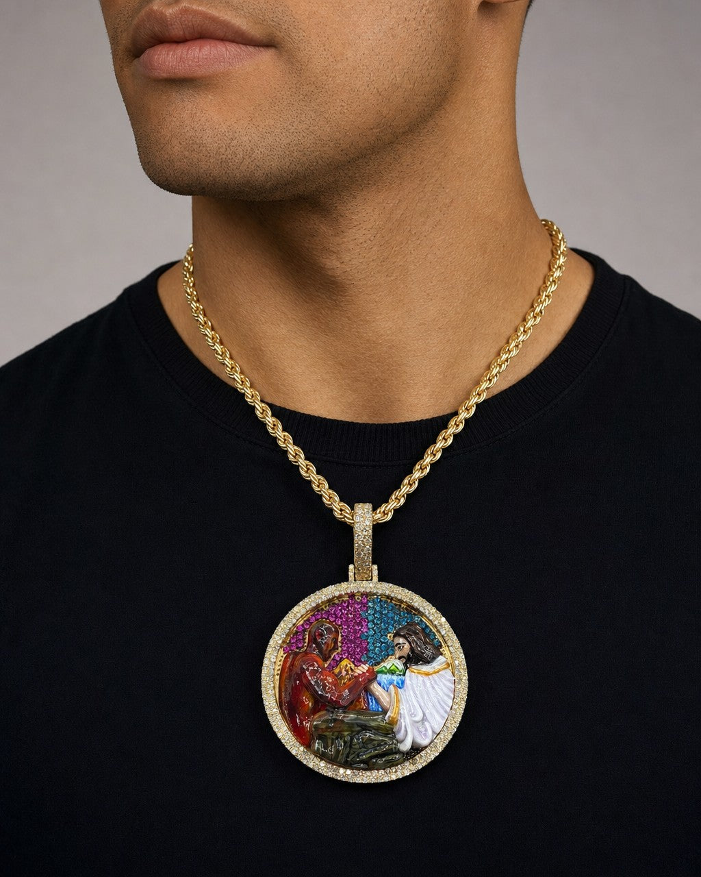 Male model wearing 14K Salvation Jesus Diamond Circle Pendant