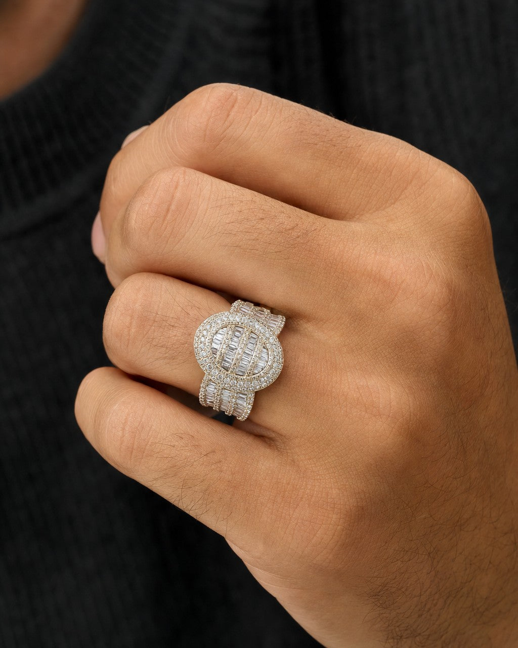 Male model wearing 14K Championship Diamond Baguette Ring