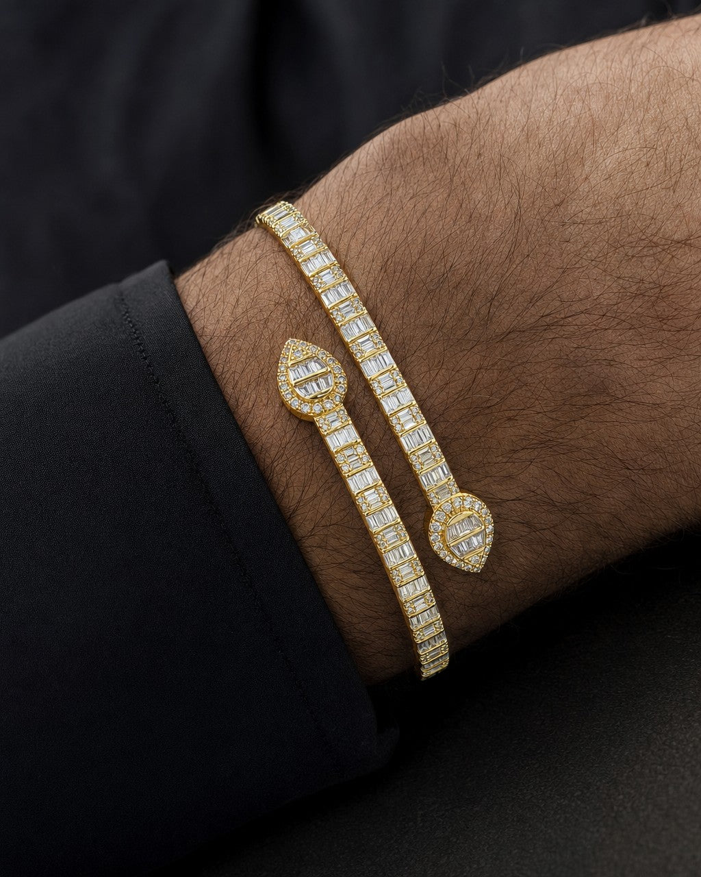 Male model wearing Pear Shape Diamond Baguette Bangle Bracelet 6.5"