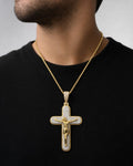 Male model wearing 14K Jesus Cross Diamond Pendant