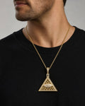 Male model wearing 10K Illuminati Pyramid Diamond Pendant