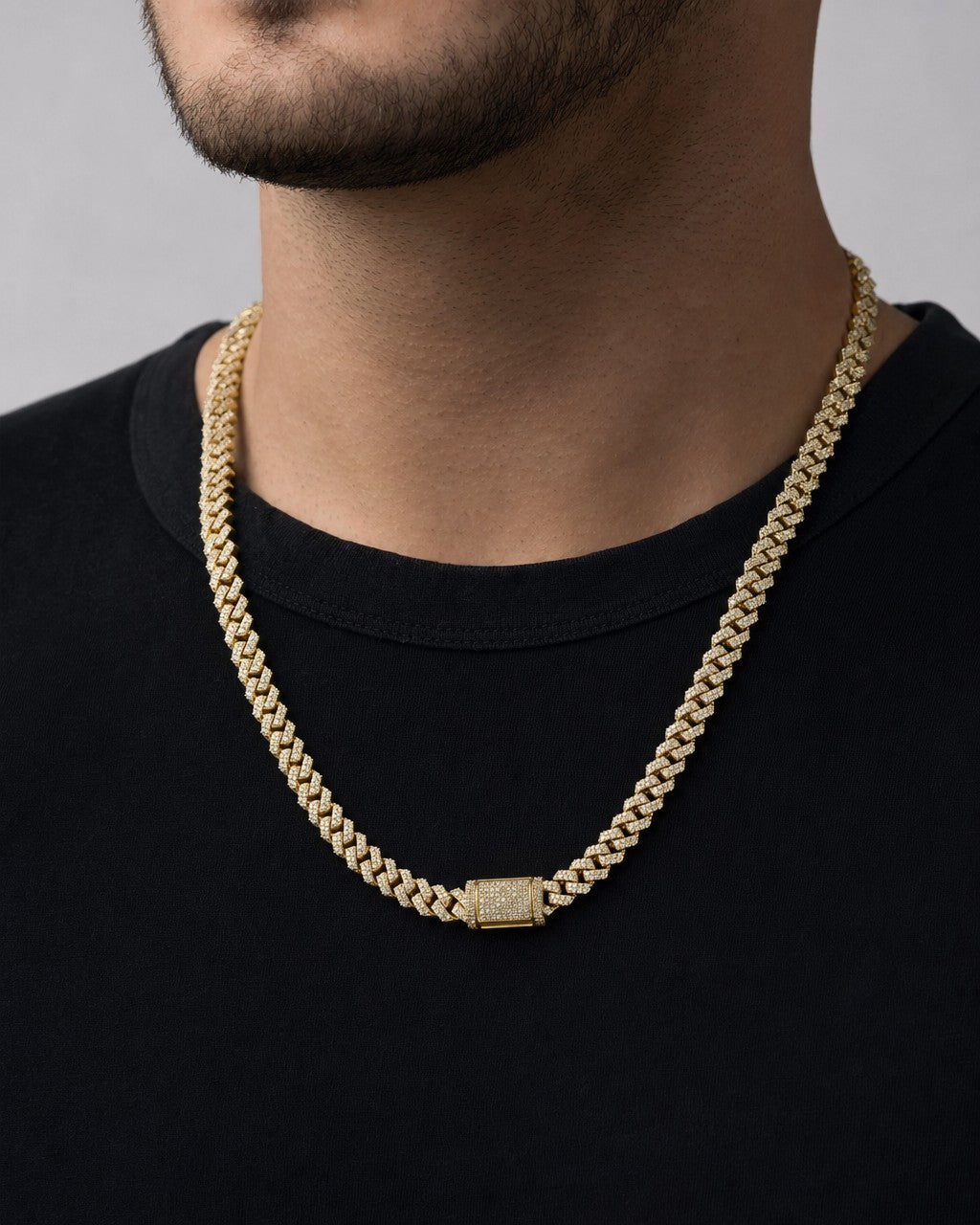 Male model wearing 14K 4.5MM Cuban Link Diamond Chain 16-22"