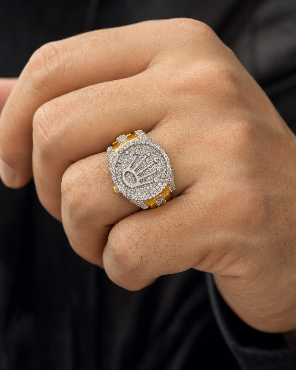 Male model wearing 14K Two-Tone Crown Diamond Ring