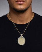 Male model wearing 10K Oval Photo Diamond Picture Pendant