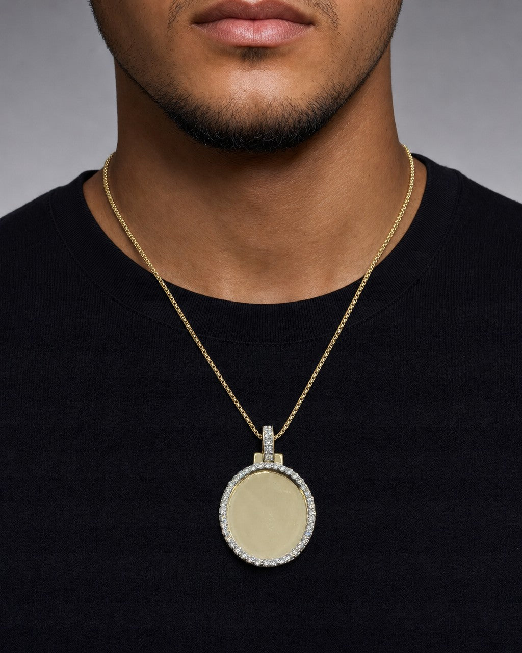 Male model wearing 10K Oval Photo Diamond Picture Pendant