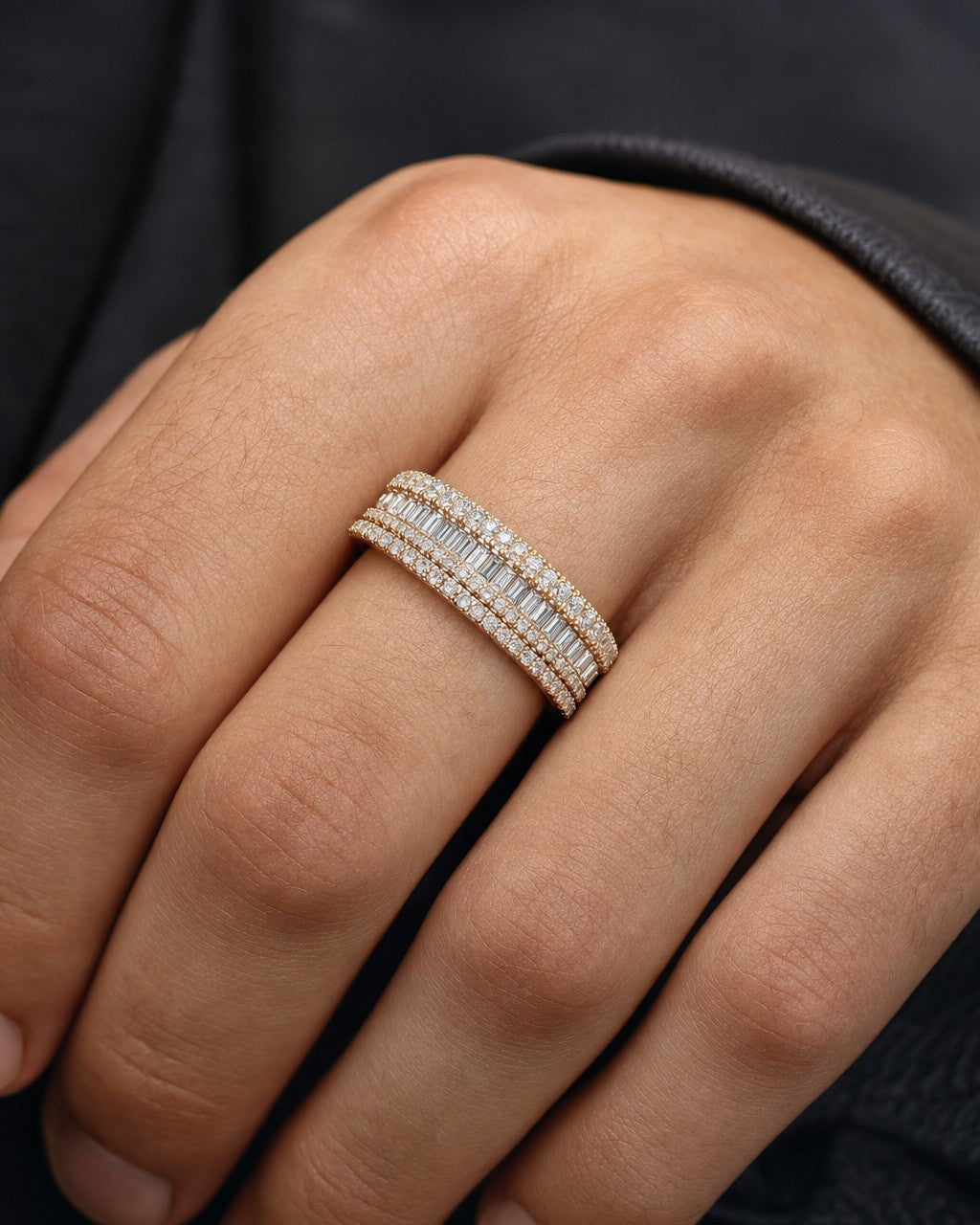 Male model wearing 10K Succession Diamond Baguette Ring