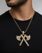Male model wearing 10K Guild Axe Diamond Baguette Pendant