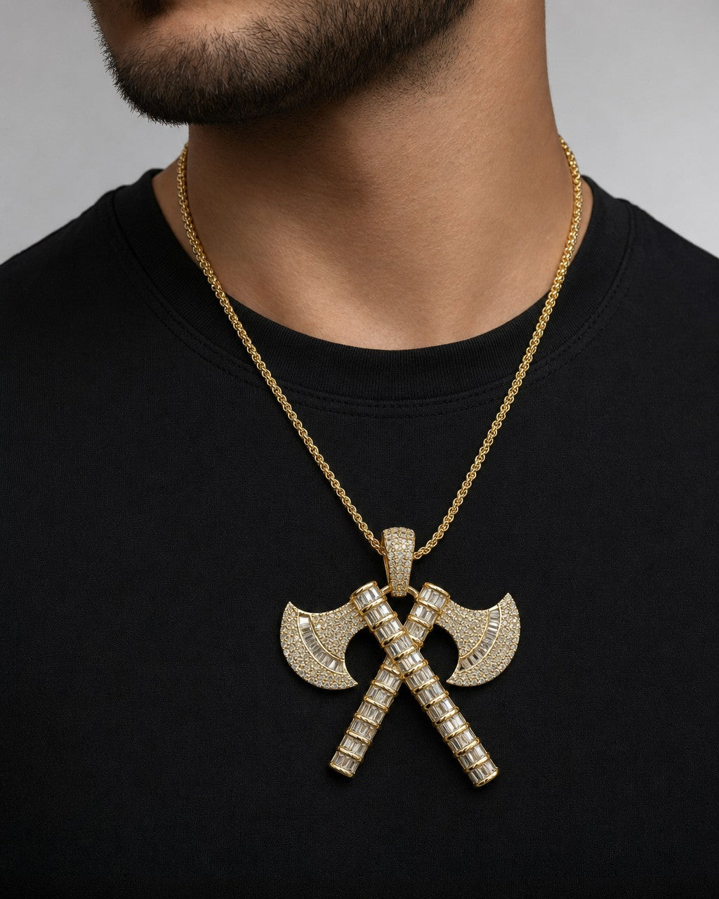 Male model wearing 10K Guild Axe Diamond Baguette Pendant