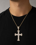 Male model wearing 14K Miracle Cross Diamond Baguette Pendant
