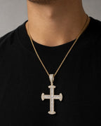 Male model wearing 14K Miracle Cross Diamond Baguette Pendant