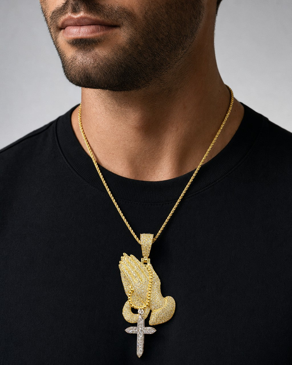 Male model wearing 10K Rosary Prayer Diamond Pendant